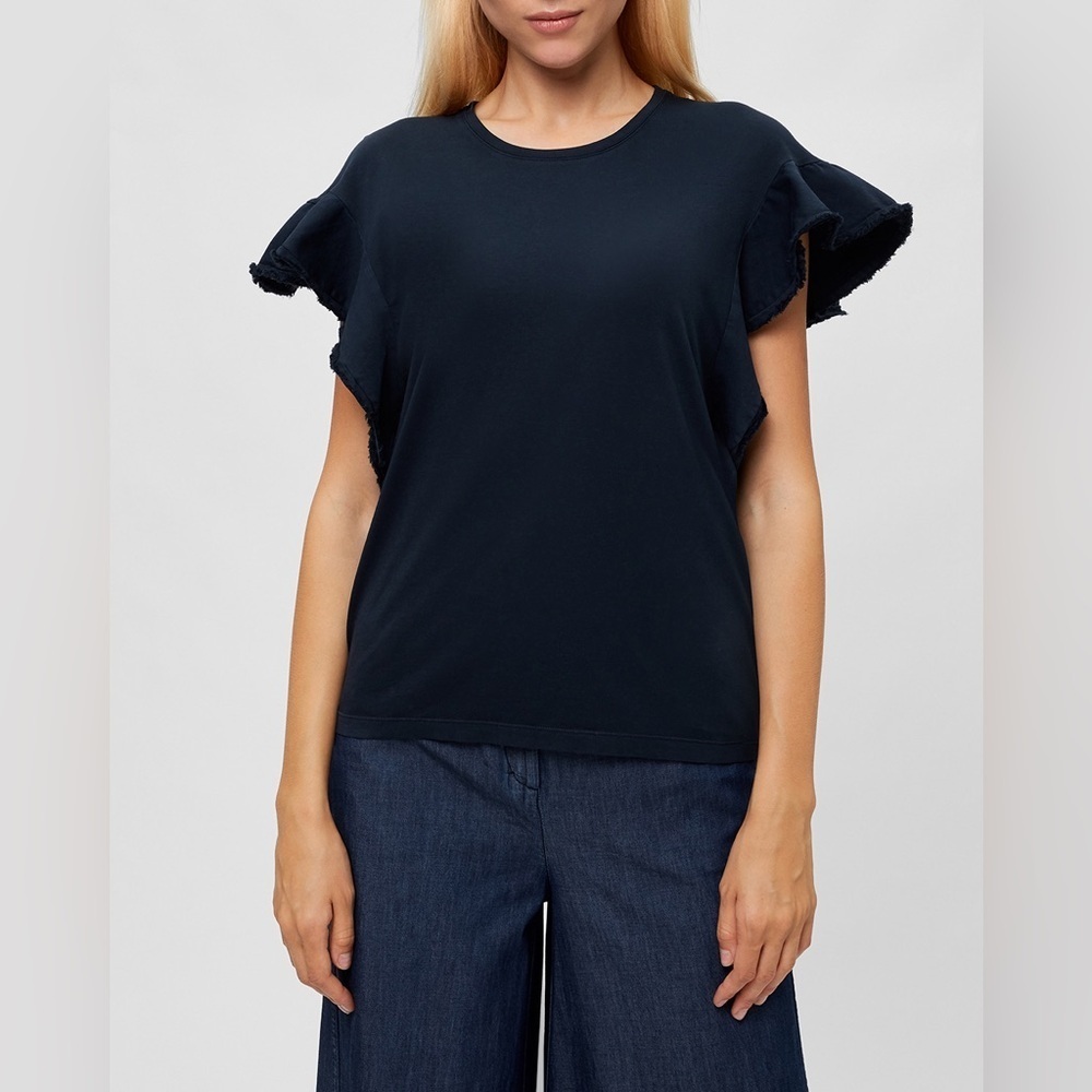 NWT Dorothee Schumacher Mixed Magic Shirt Navy Blue Ruffle Sz 2